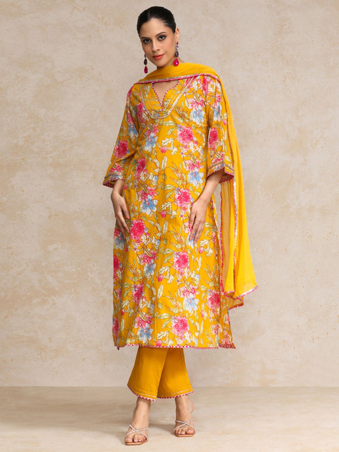 Dhiyona VA Women's Ethnic Motifs Printed Regular Beads and Stones Pure Cotton Kurta with Trousers & With Dupatta