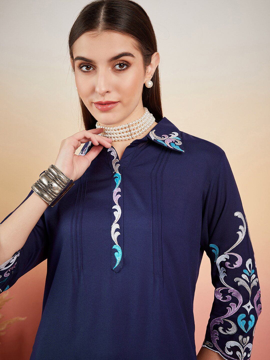 Dhiyona SN Women's Navy Blue Floral Embroidered Shirt Collar Straight Kurta & Trousers