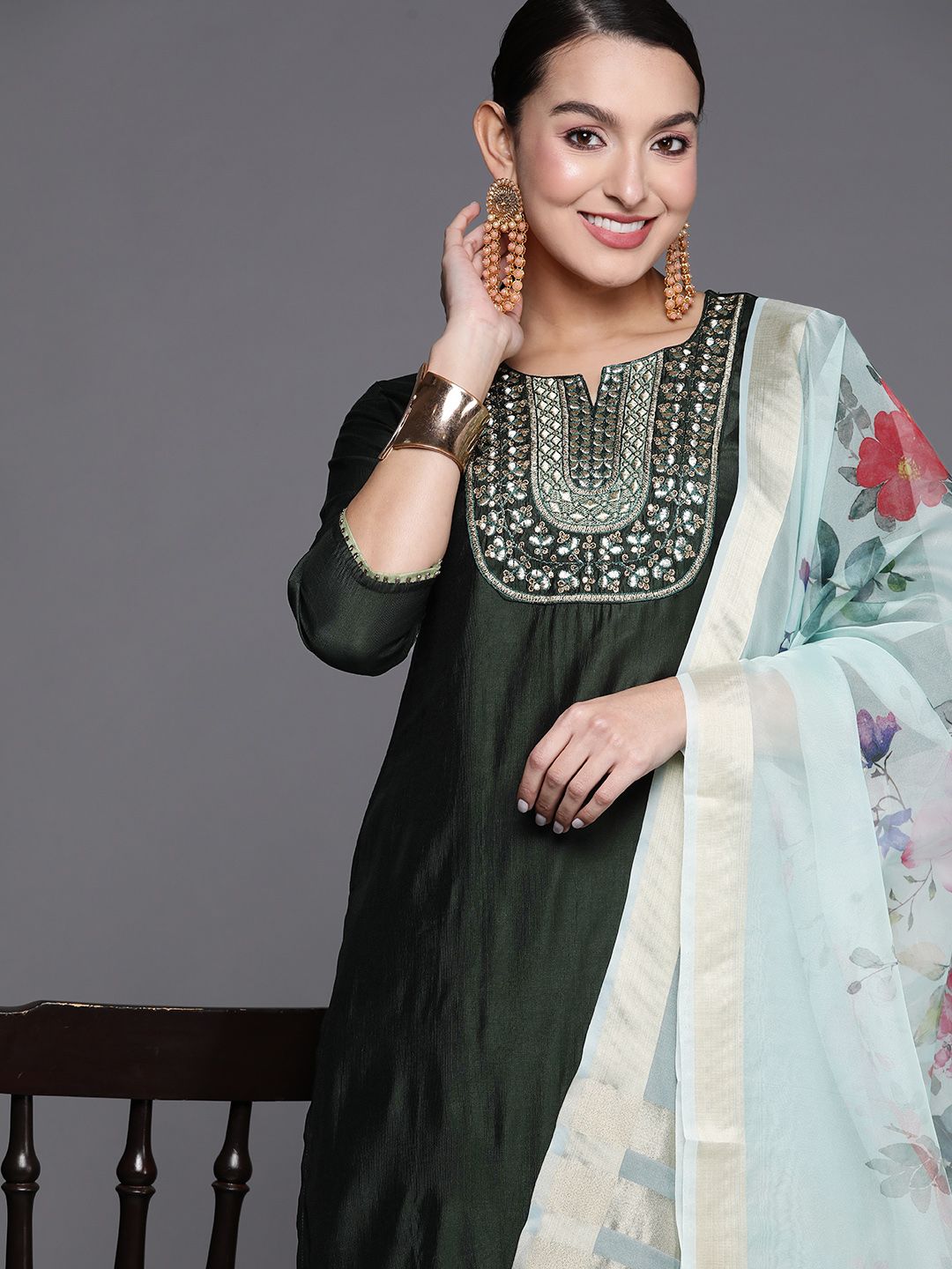 Dhiyona IE Women Ethnic Motifs Embroidered Sequinned Liva Kurta with Palazzos & With Dupatta