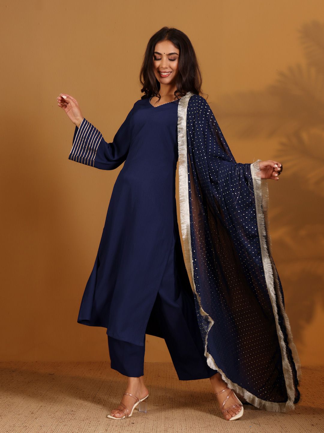 Dhiyona VA Women'sGotta Patti V-Neck Flared Sleeves Straight Kurta With Trousers & Dupatta