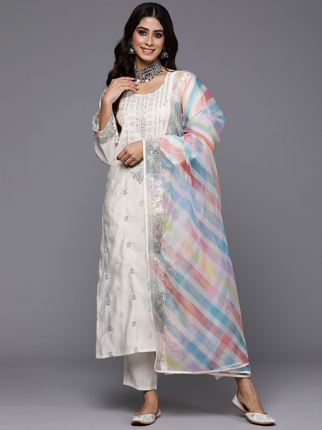 Dhiyona IE Women Ethnic Motifs Embroidered Pure Cotton Kurta with Trousers & With Dupatta
