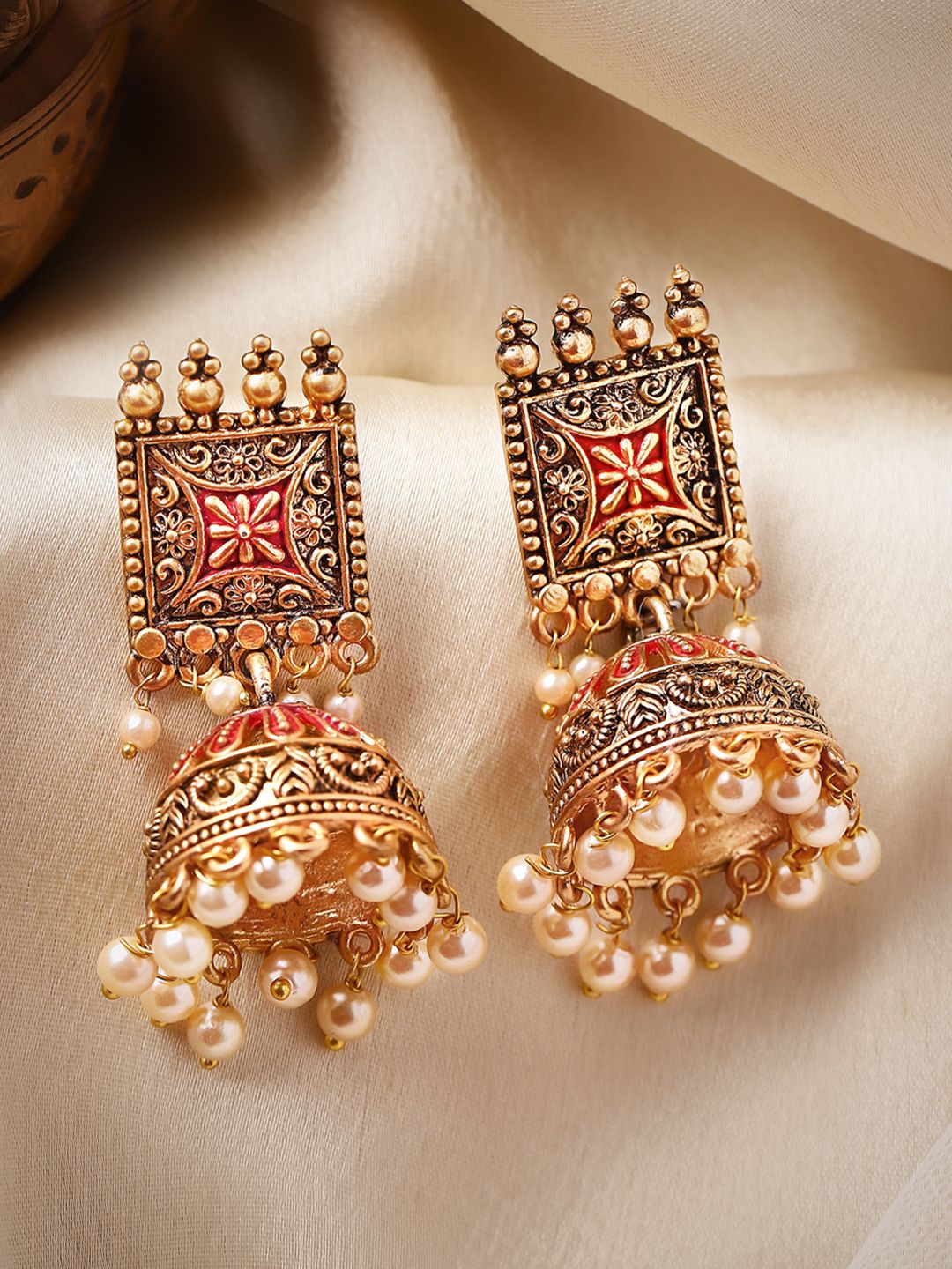 Dhiyona RJ Women's 22K Gold-Plated Red Enamel Handcrafted Dome Shape Jhumkas with Pearl Drops
