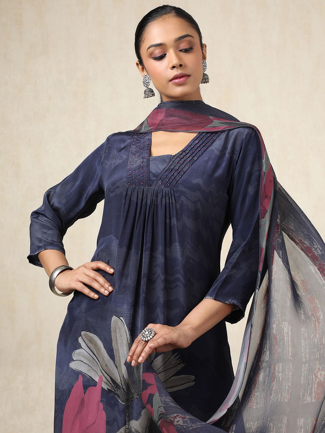 Dhiyona SO Women's Floral Printed Square Neck Beads and Stones Silk Empire Kurta With Trousers & Dupatta