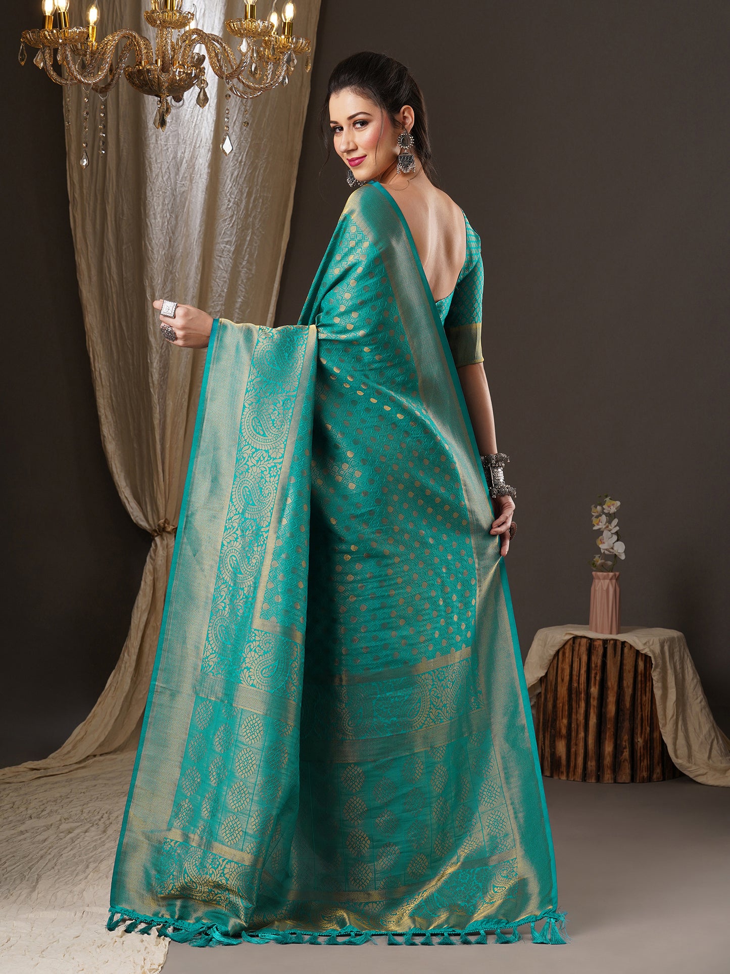 Women's Georgette Teal blue Woven Design Woven saree With Blouse Piece