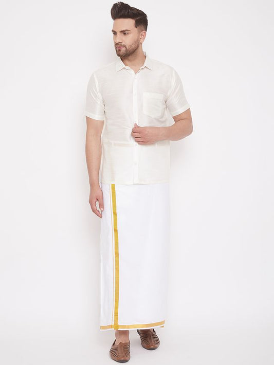 Men's Cream Silk Blend Straight Shirt And Mundu
