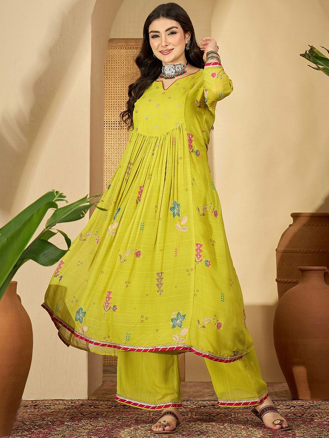Dhiyona SN Women's Floral Woven Design Zari Anarakli Kurta With Trousers & Dupatta