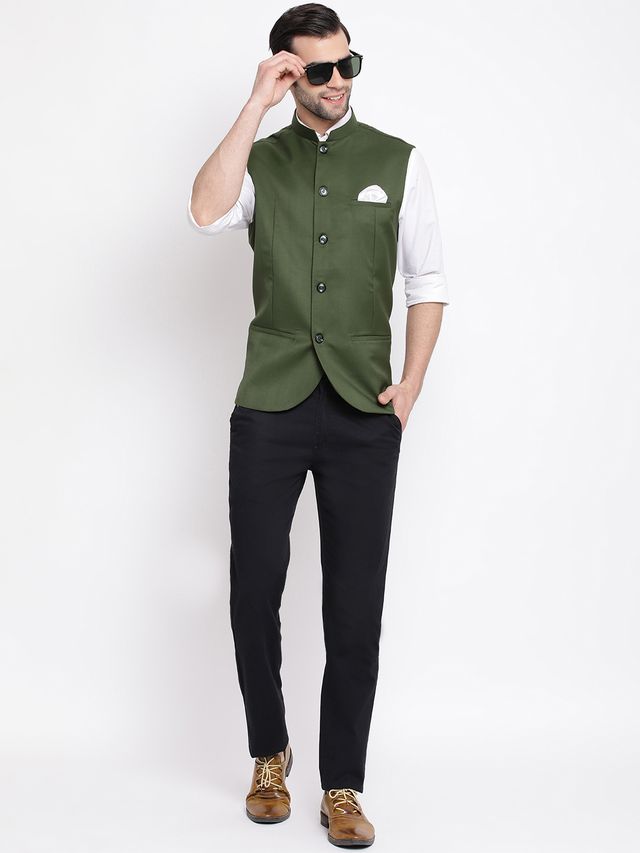 Men's Green Cotton Silk Straight Nehru Jacket