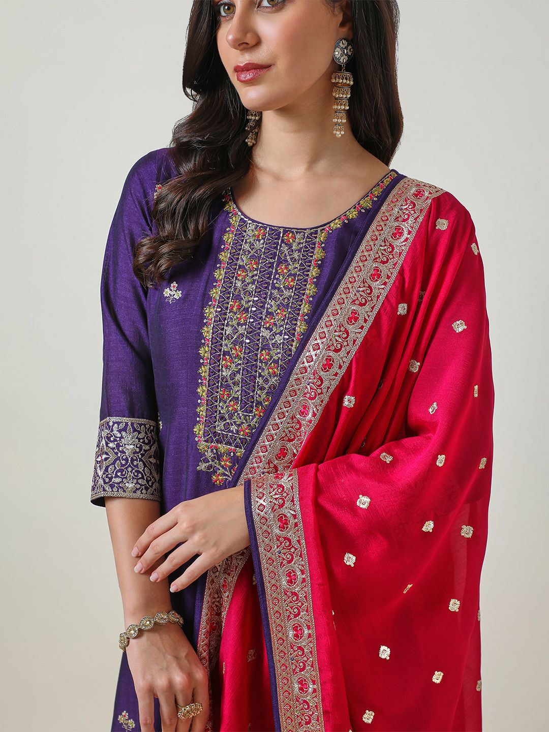 Dhiyona SO Women's Purple Ethnic Motifs Embroidered Zari A-Line Kurta With Trousers & Dupatta
