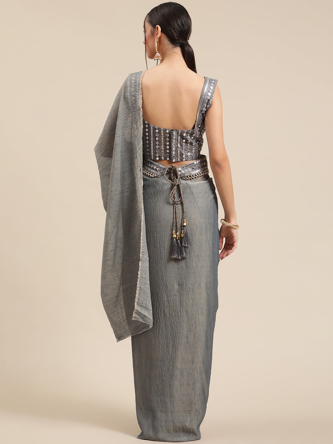 Women's Polycotton Grey Solid Belted Sarees With Blouse Piece