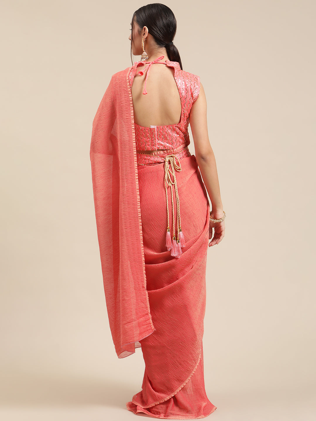 Women's Polycotton Pink Solid Belted Sarees With Blouse Piece