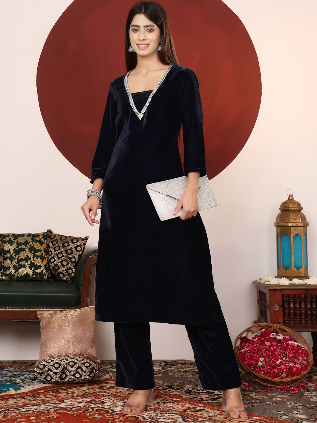 Dhiyona VA Women's V Neck Zari Embroidered Velvet Kurta with Trouser