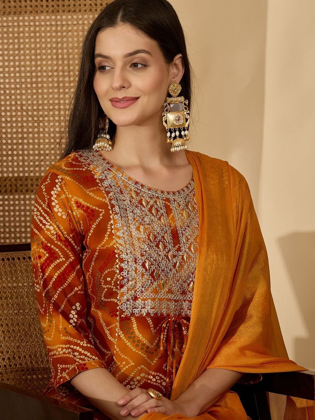 Dhiyona SN Women's Bandhani Printed Sequinned A-Line Kurta With Trousers & Dupatta