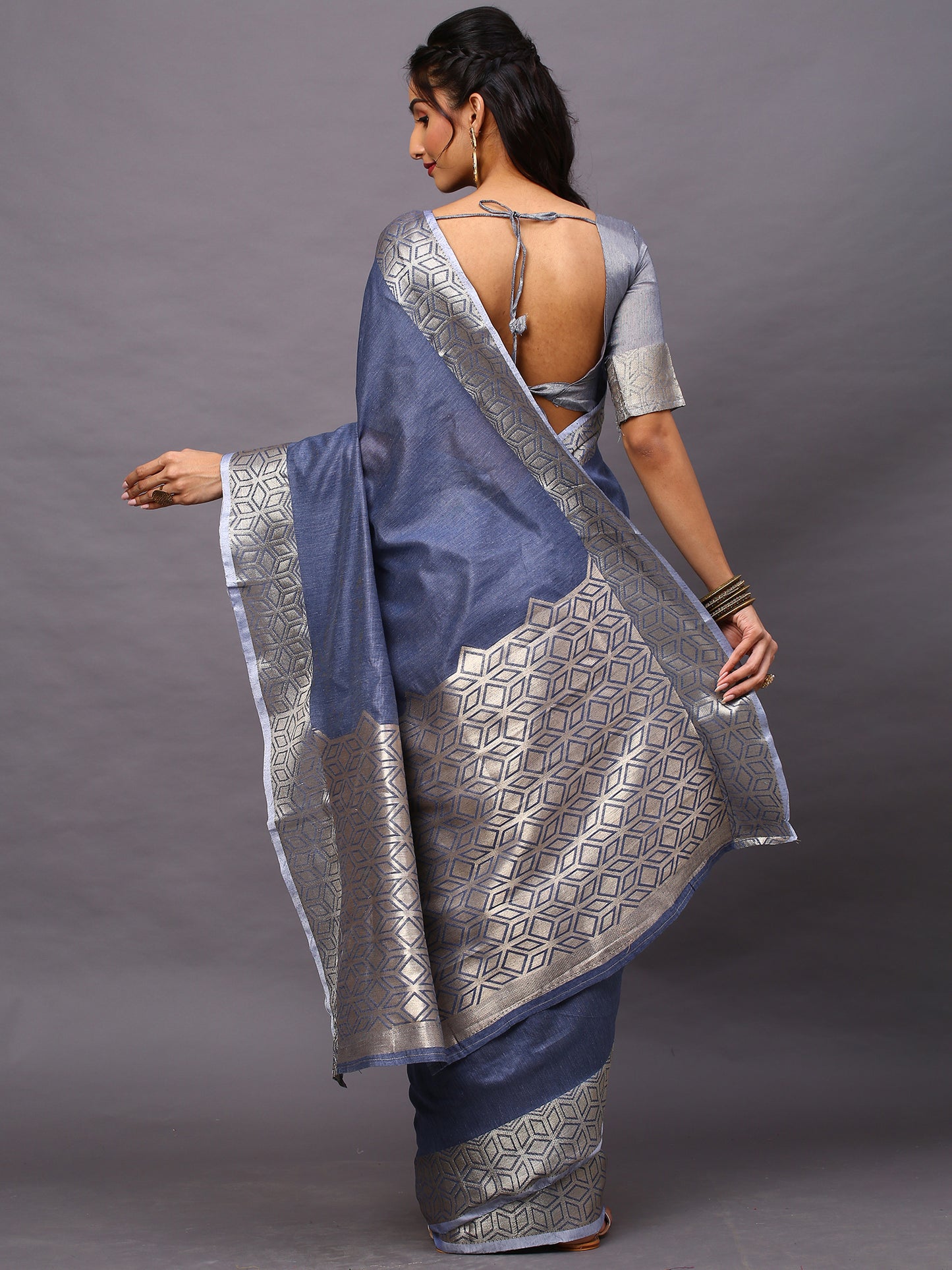 Women's Linen Blend Blue Woven Design Designer Saree With Blouse Piece