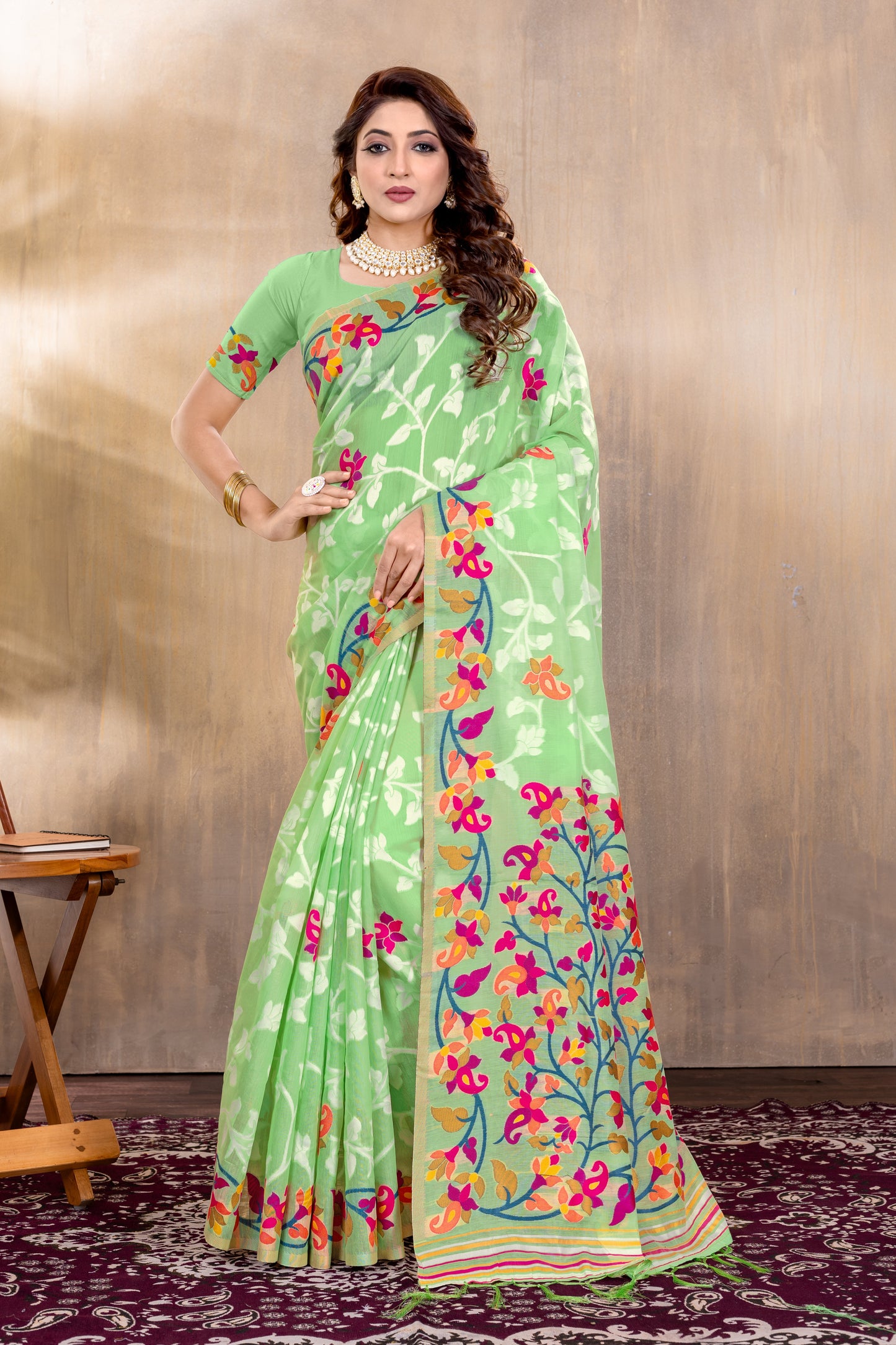 Dhiyona GR Women's Suhani Green Cotton Jamdani Saree