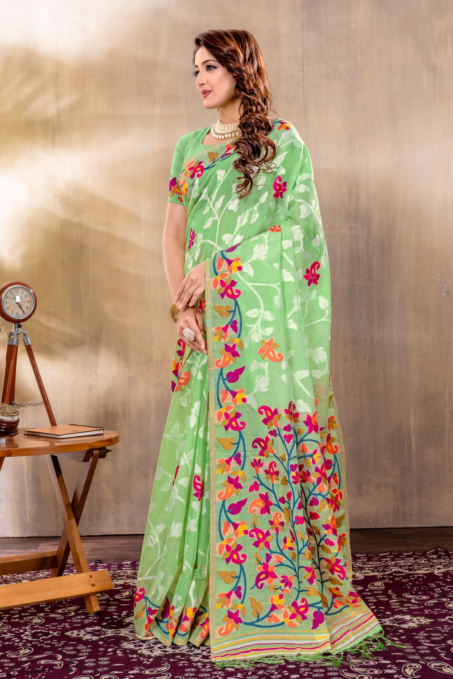 Dhiyona GR Women's Suhani Green Cotton Jamdani Saree