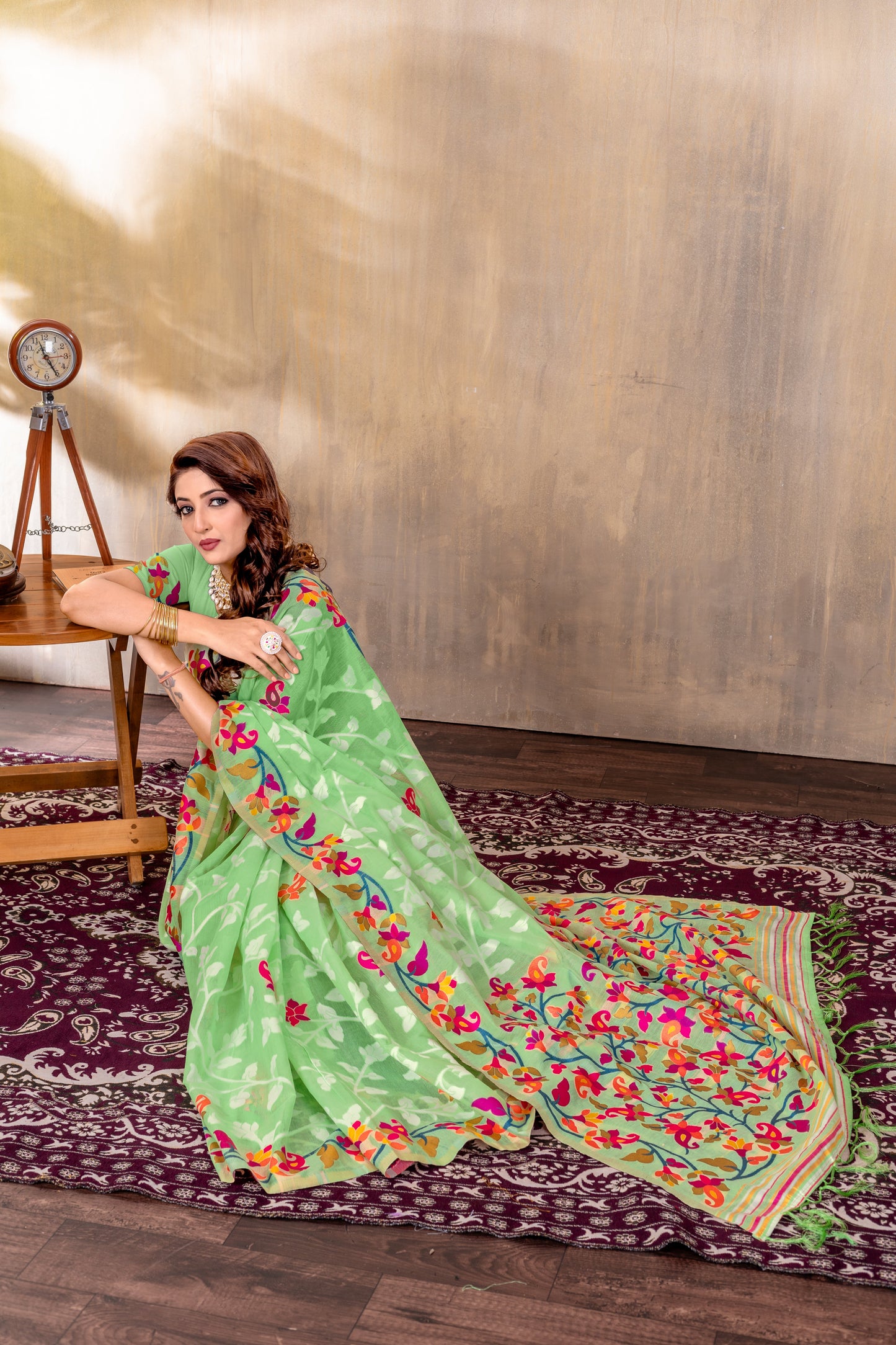Dhiyona GR Women's Suhani Green Cotton Jamdani Saree