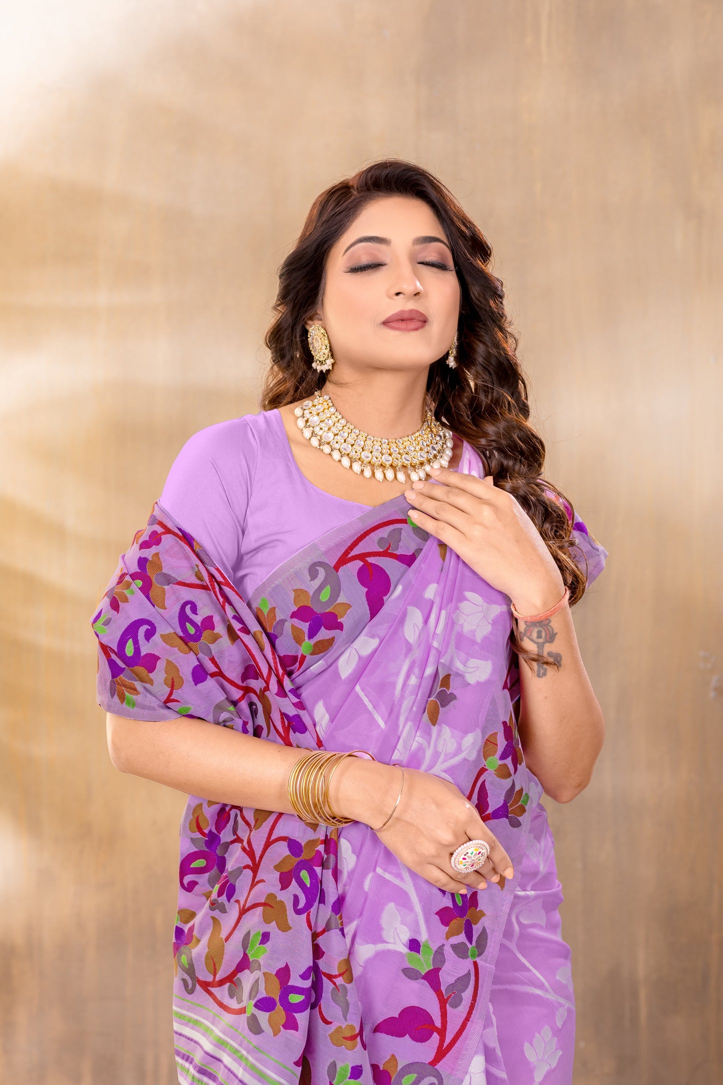 Dhiyona GR Women's Suhani Lavender Cotton Jamdani Saree