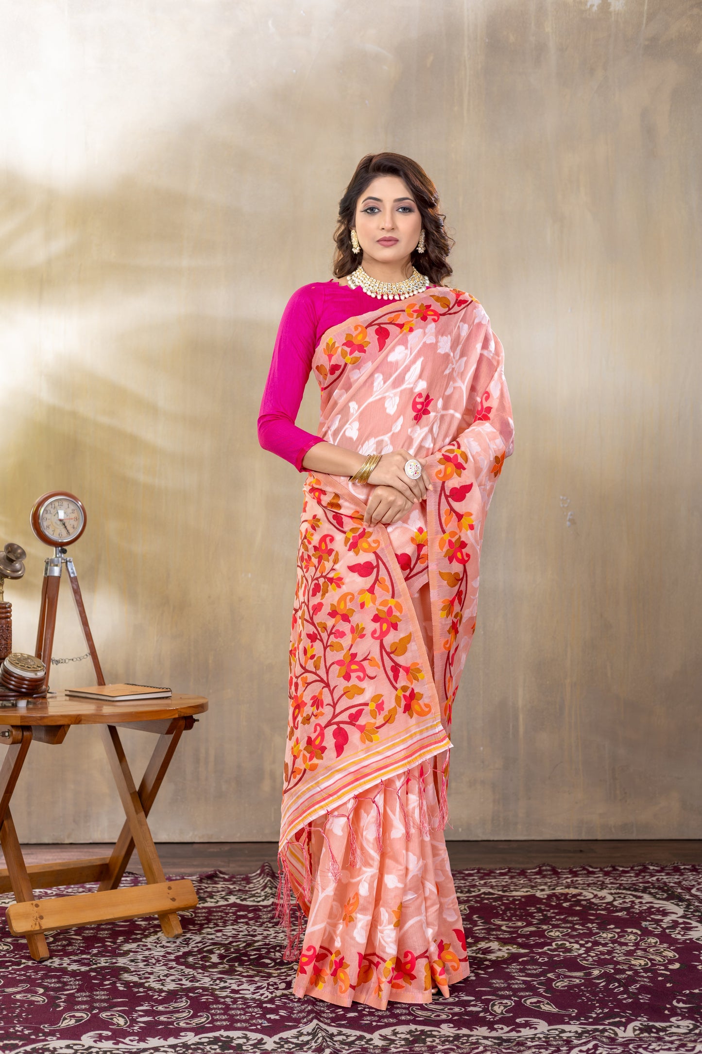 Dhiyona GR Women's Suhani Peach Cotton Jamdani Saree