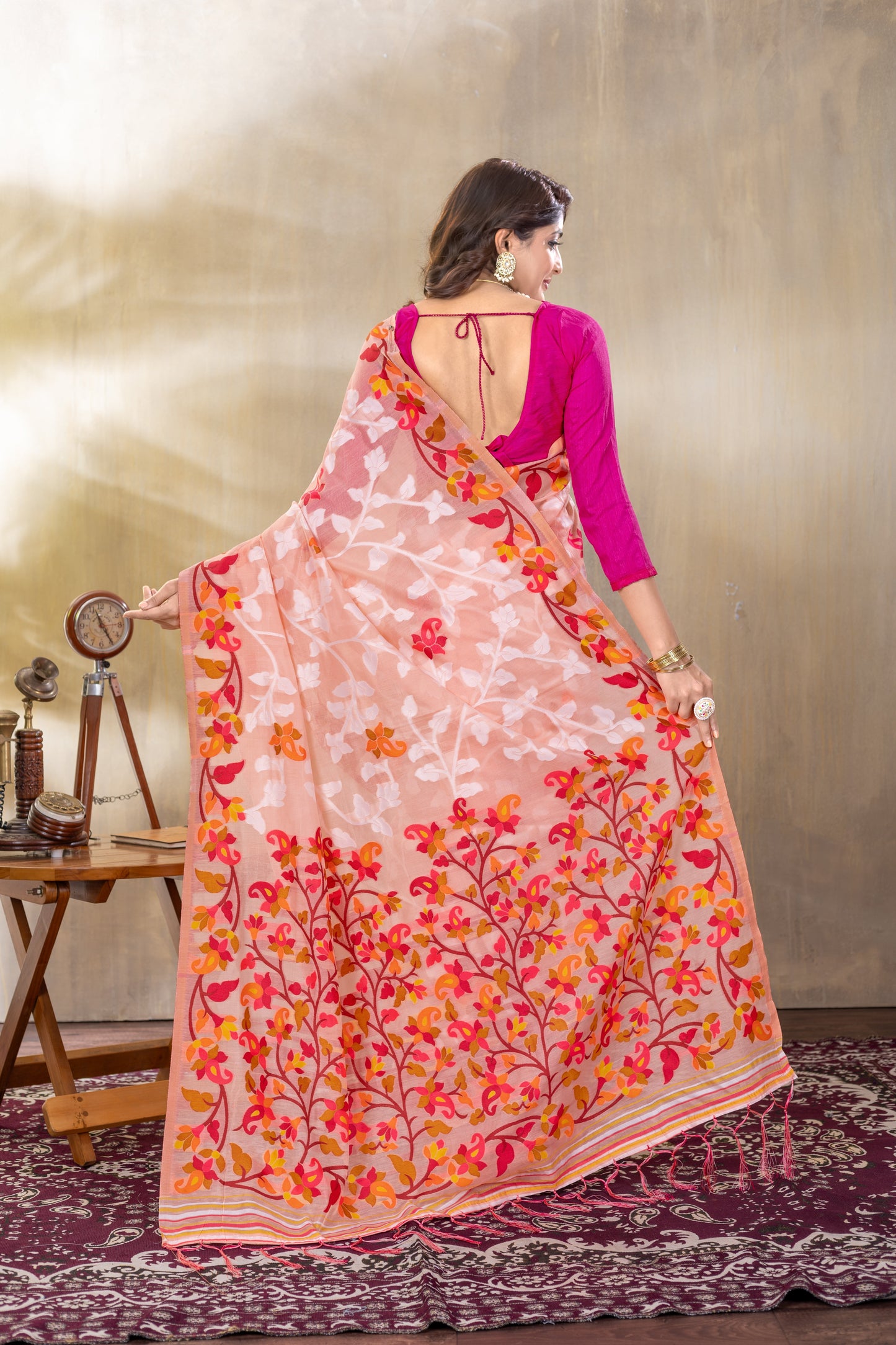 Dhiyona GR Women's Suhani Peach Cotton Jamdani Saree