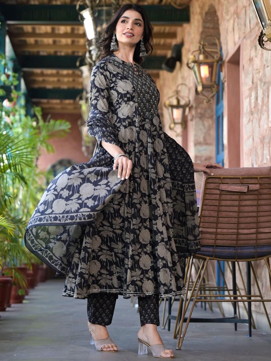 Dhiyona VA Women's Floral Printed Panelled Mirror Work Kurta with Trousers & With Dupatta