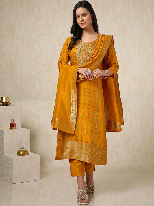 Dhiyona SO Women's Ethnic Motifs Embroidered Beads and Stones Straight Kurta with Trousers & Dupatta