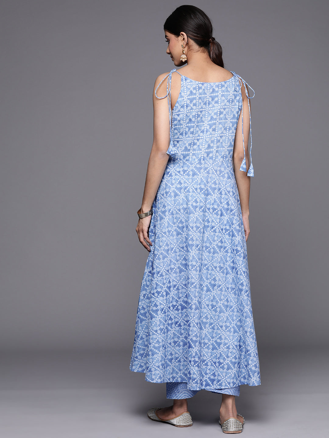 Dhiyona VR Women's Blue Bandhani Printed Kurta Spaghetti Strap With Drawstring Paired With Tonal Printed Bottom