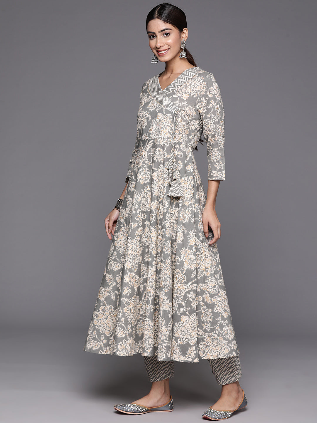 Dhiyona VR Women's Grey Floral Printed Angrakha Style Anarkali Kurta Paired With Printed Bottom