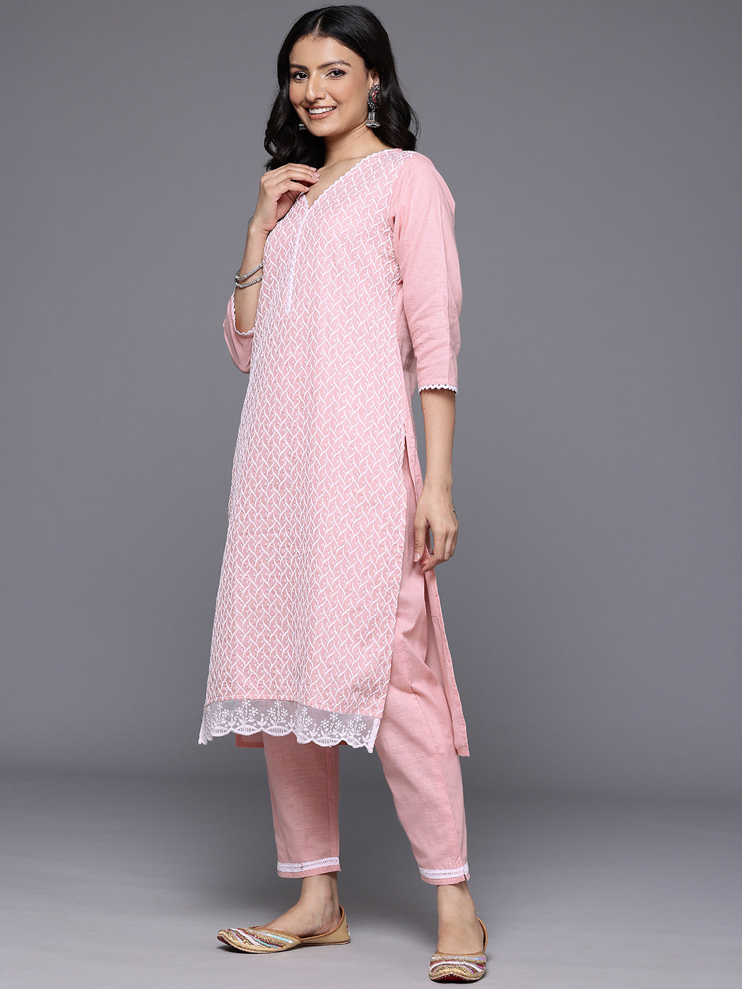 Dhiyona VR Women's Peach V Neck Chickankari Embroidered Kurta With Tonal Bottom And Chiffon Dupatta