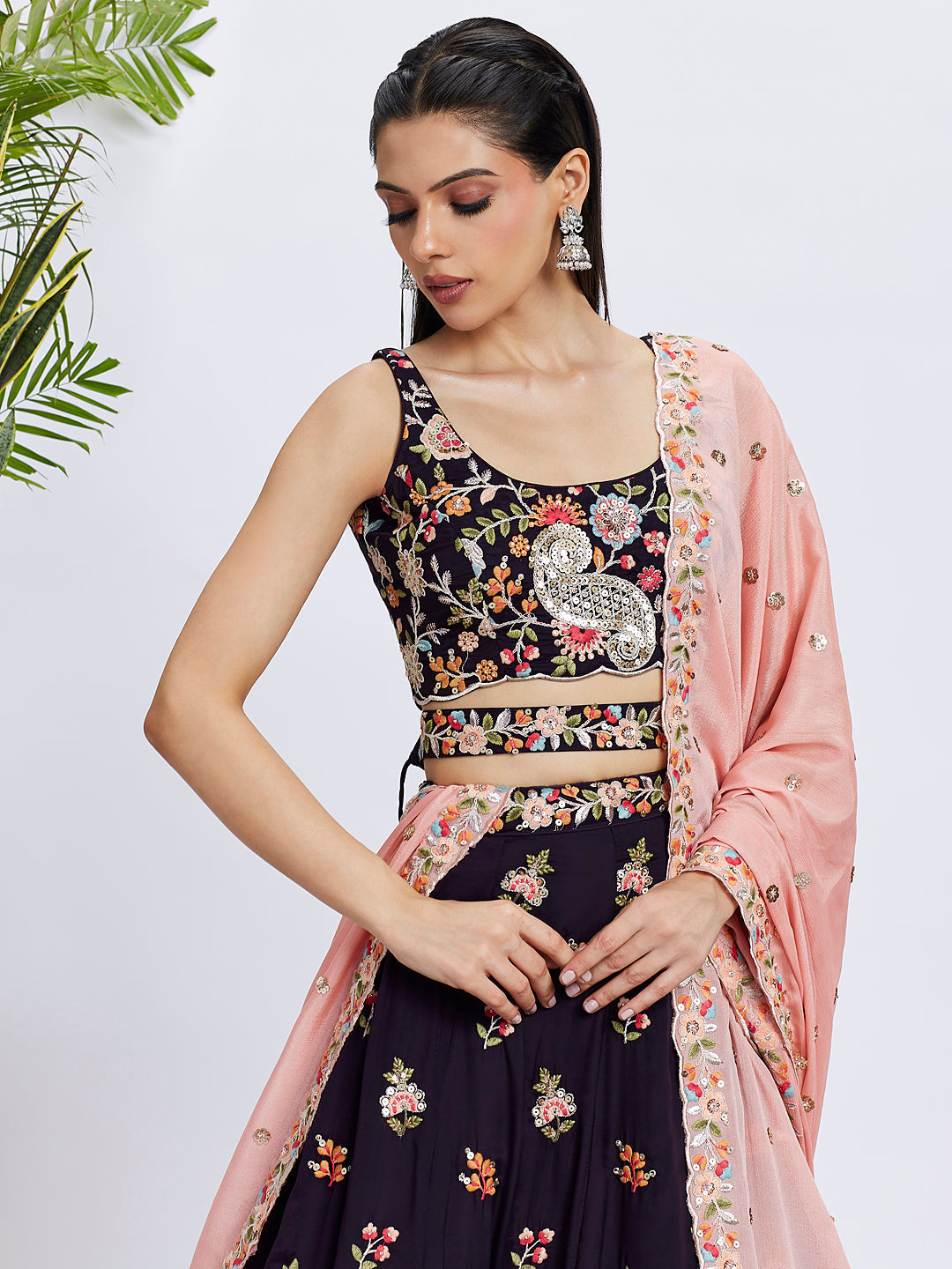 Women Magenta Organza Sequins and thread embroidery Lehenga choli & Dupatta
