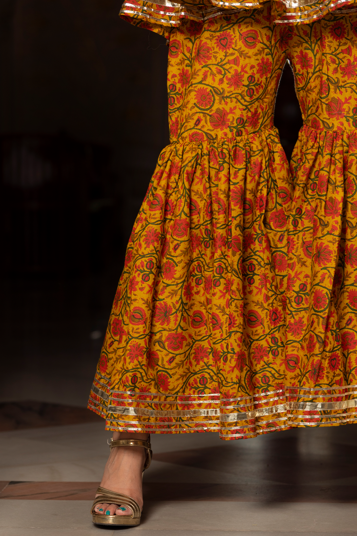 Darpan Mustard Yellow Hand Block Cotton Sharara Set