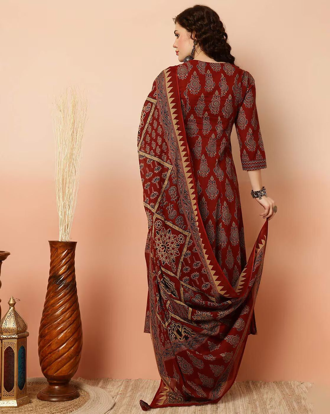 Women Viscose A-Line Red Kurta And Pant Set With Dupatta
