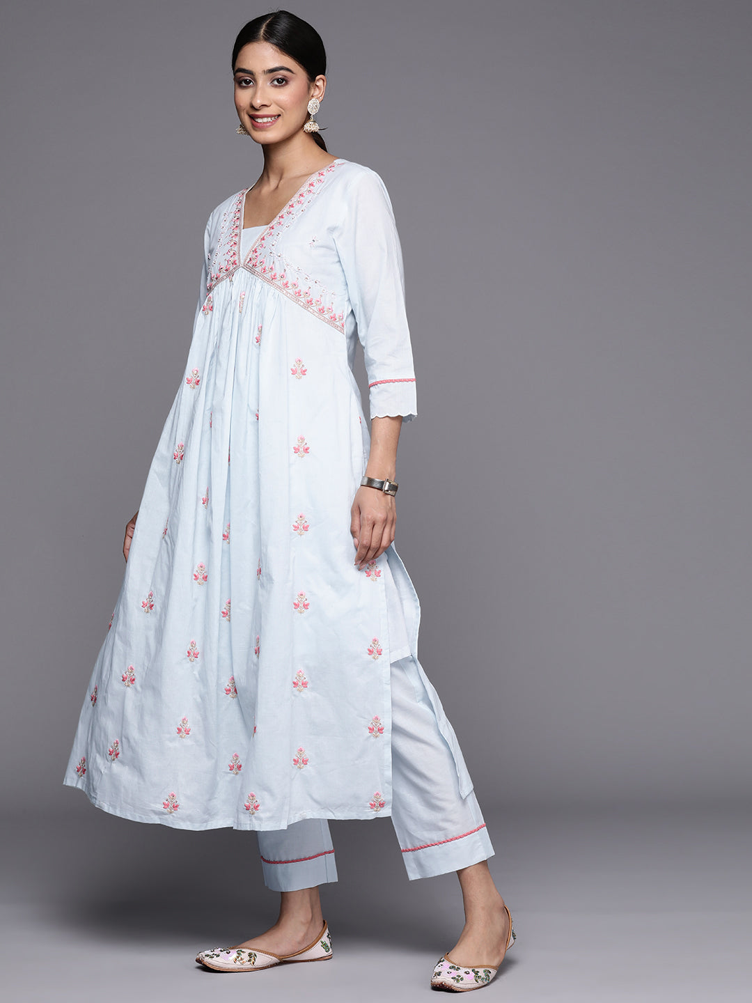 Dhiyona VR Women's Blue Sequin And Thread Embroidered A-Line Kurta Paired With Tonal Bottom And Tonal Embroidered Dupatta