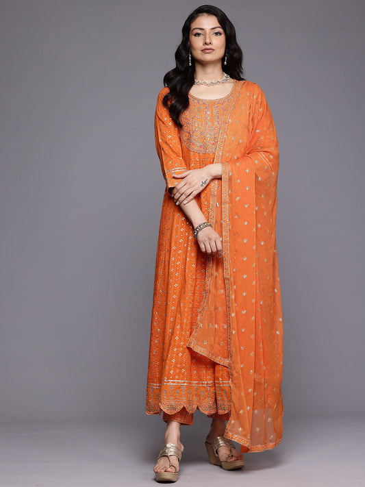 Dhiyona VR Women's Orange Mirror And Thread Embroidered,Zari Embellished Scalloped Schiffli Anarkali Kurta Paired Wirh Printed Bottom And Embroidered Dupatta