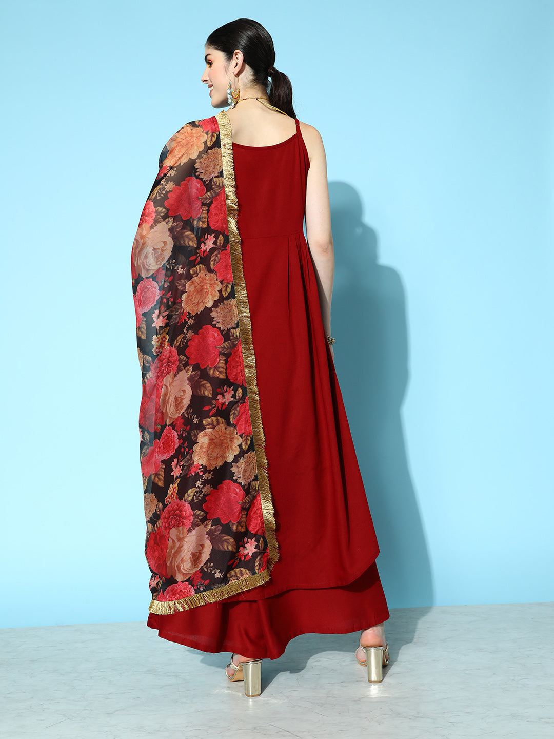 Dhiyona VR Women's Maroon Strap Style A Line Kurta Paired With Tonal Bottom And Contrast Floral Printed Dupatta With Four Sided Fringes