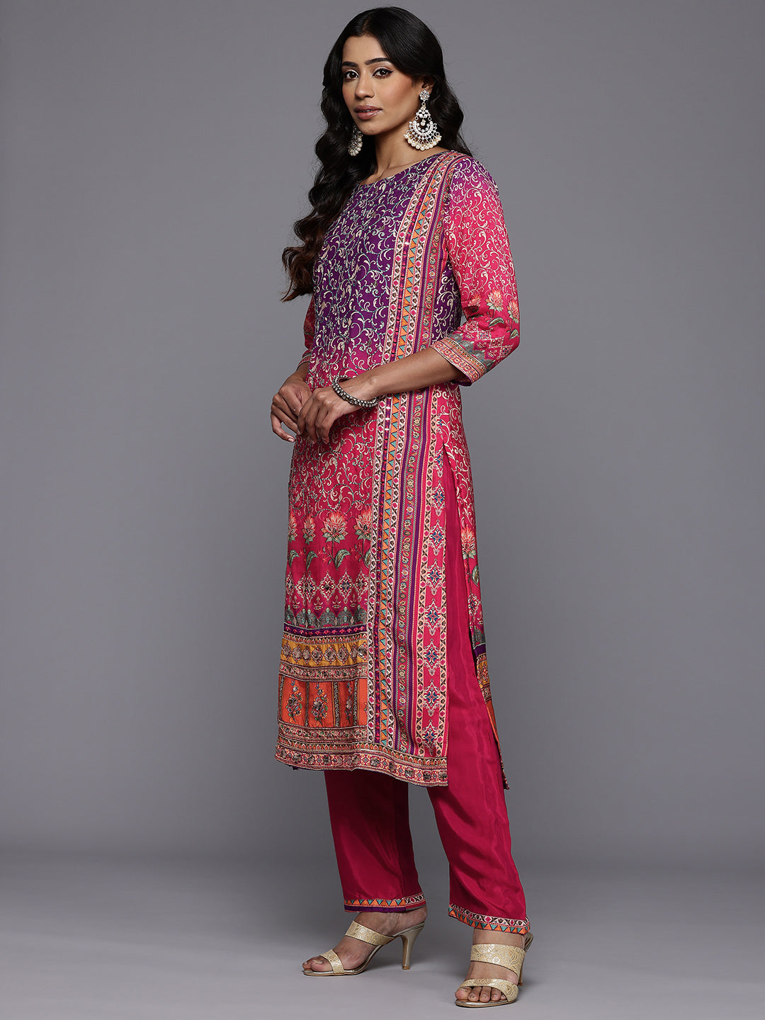 Dhiyona VR Women's Purple And Pink Thread And Gotta Work Straight Kurta With Trousers And Dupatta
