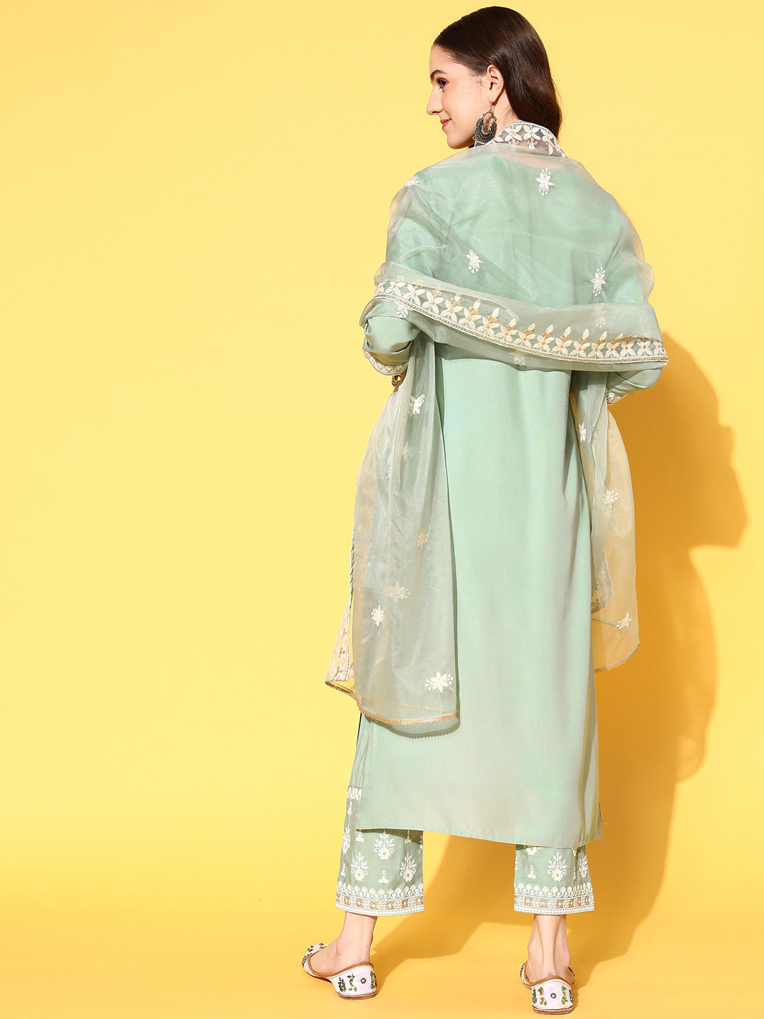 Dhiyona VR Women's Sea Green Embroidered Kurta Paired With Tonal Trouser And Dupatta