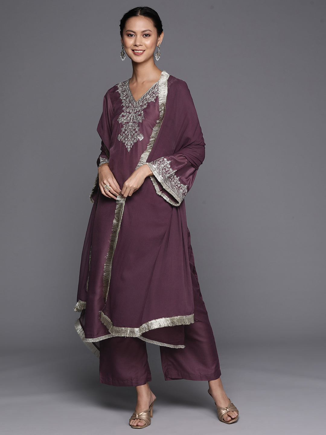 Dhiyona VR Women's Mauve V-Neck Yoke Embroidered Straight Kurta With Fringes Hem Paired With Tonal Bottom And Tonal Dupatta With Fringes