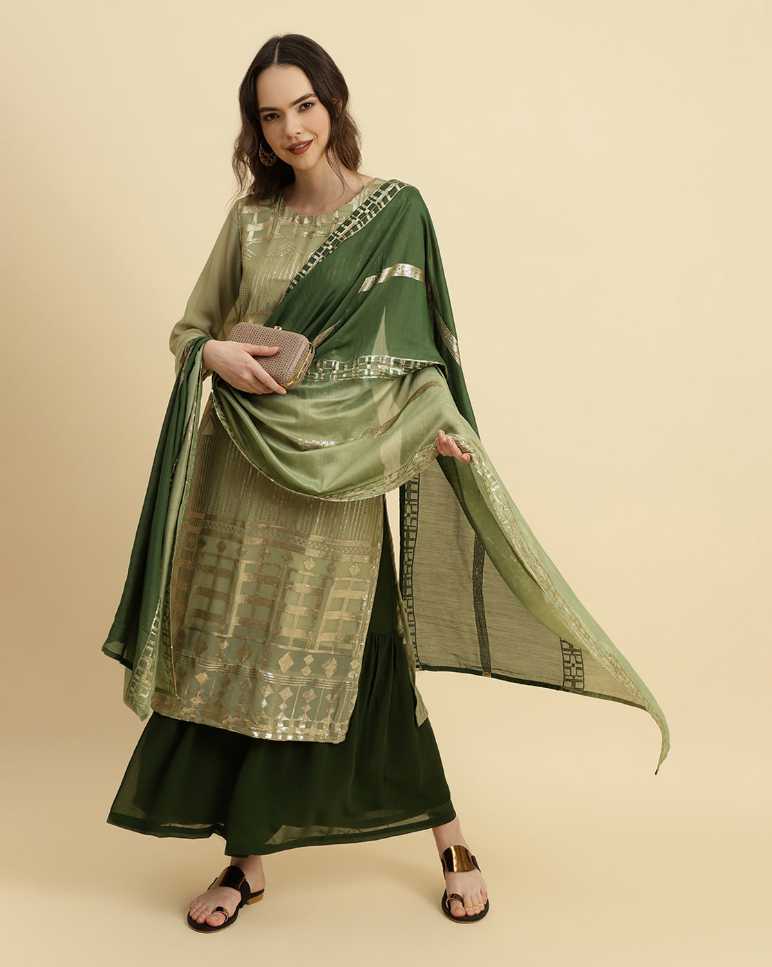 Dhiyona VR Women's Green Sequened Kurta With Sharara And Sequened Ombre Dupatta