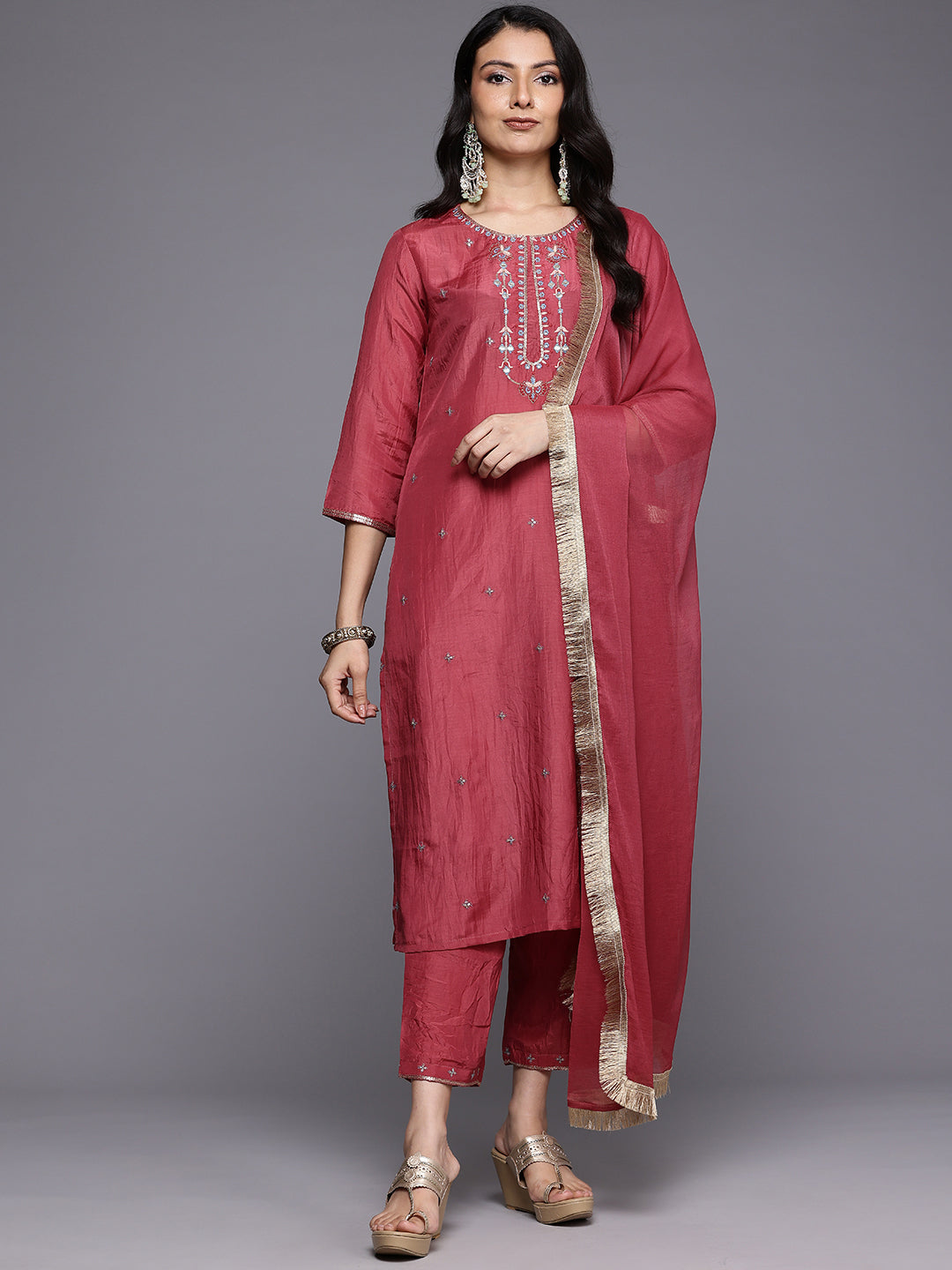 Dhiyona VR Women's Maroon Thread And Zari Embroidered Sequins Embellished Kurta Set With Dupatta