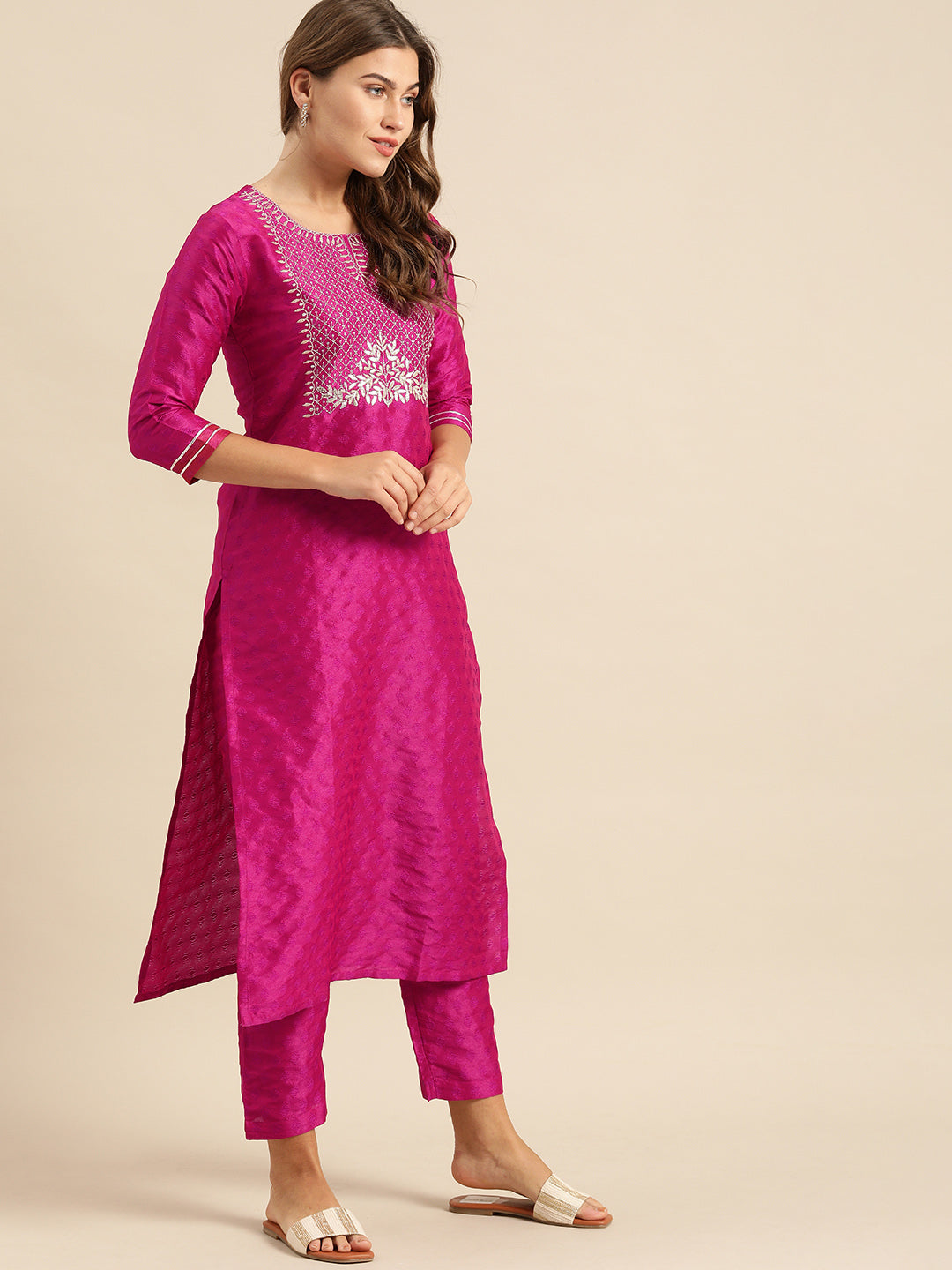 Dhiyona VR Women's Magenta Zari And Gota Patti Embroidery Kurta With Trouser With Multi Color Silk Dupatta