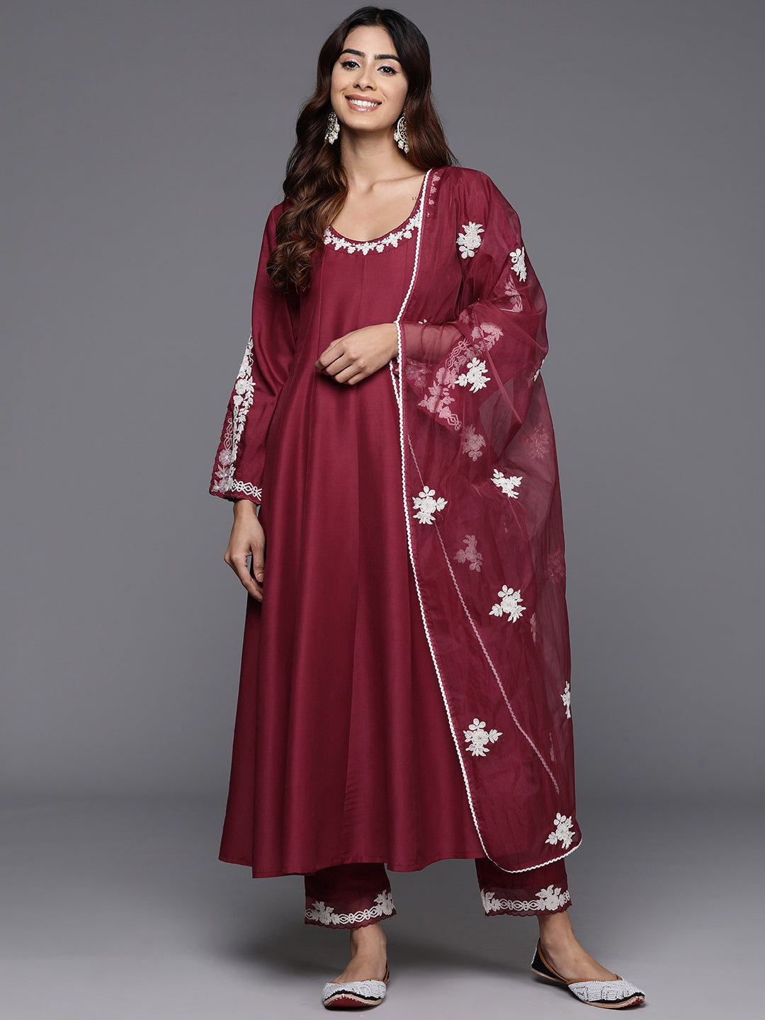 Dhiyona VR Women's Thread Embroidered Round Neck With Full Sleeve Anarkali Kurta Paied With Tonal Bottom And Dupatta