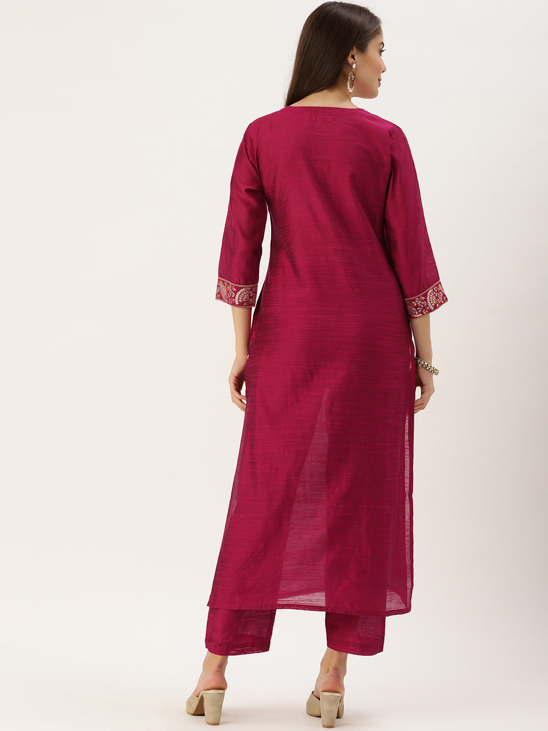 Dhiyona VR Women's Magenta Silk Kurta With Woven Yoke And Fully Elasticated Trouser