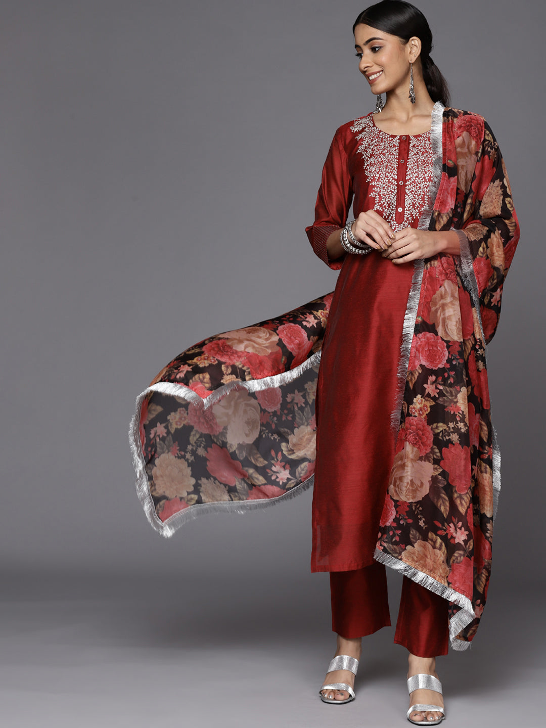 Dhiyona VR Women's Red Embroidered Kurta With Tonal Trouser And Printed Dupattta