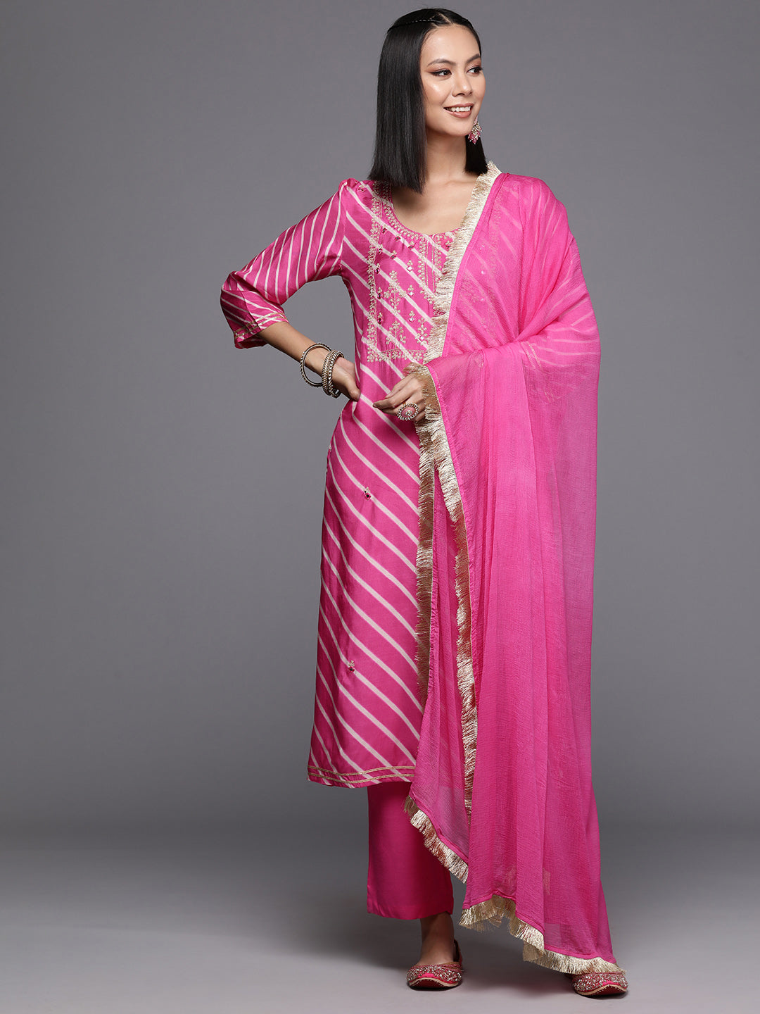 Dhiyona VR Women's Pink Pure Fabric, Lehariya Embroidered Straight Kurta Paired With Tonal Bottom And Dupatta