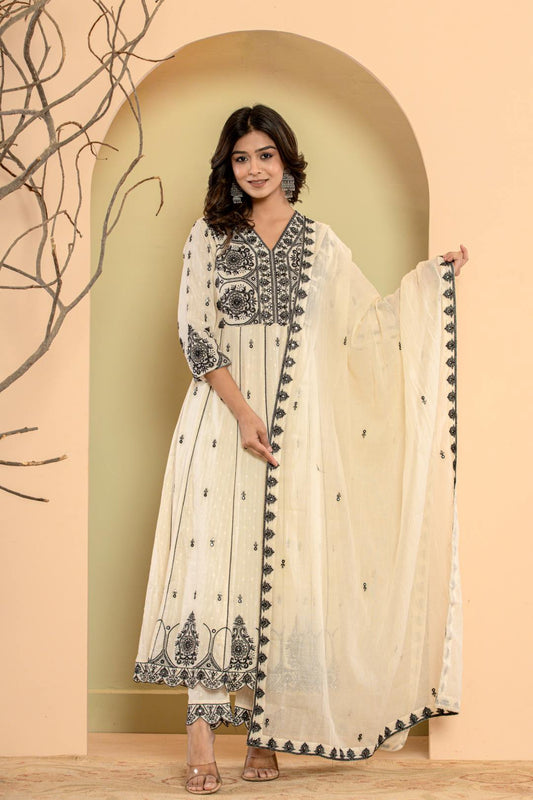 Dhiyona VR Women's Thread Embroidered Anarkali Kurta Paired With Bottom And Dupatta"
