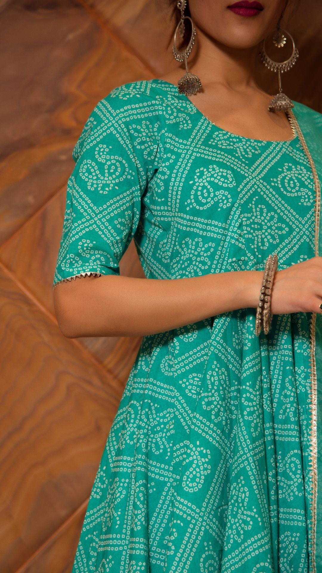 Bandhej Tiffany Blue Cotton Anarkali Set
