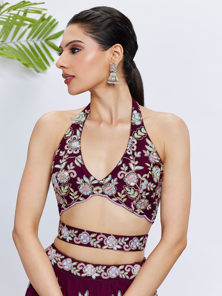 Women Burgundy Pure Georgette Sequins and thread embroidery Lehenga choli & Dupatta