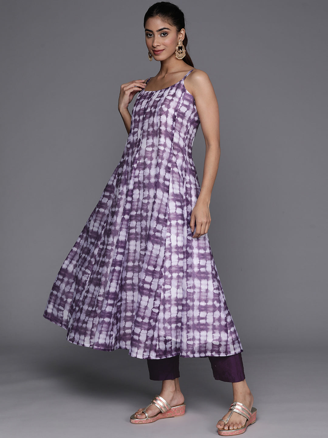 Dhiyona VR Women's Violet Spaghetti Strap Anarkali Kurta Paired With Tonal Bottom And Tonal Solid Dupatta