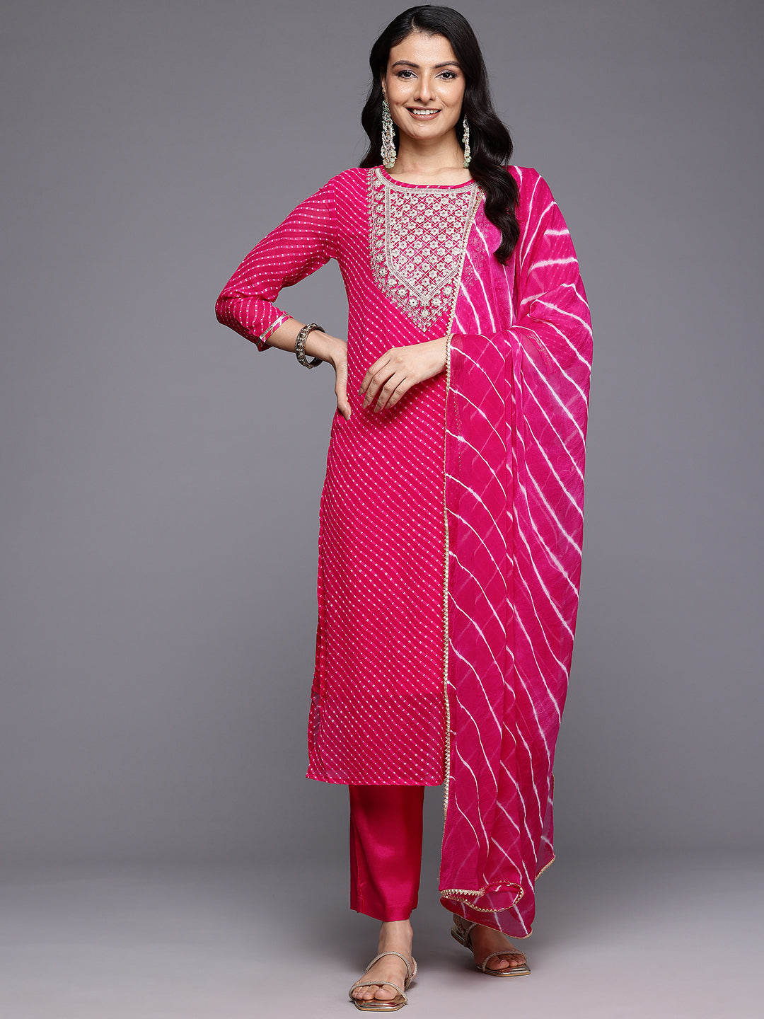 Dhiyona VR Women's Pink Bandhani Zari And Sequins Embroidered Kurta Set With Dupatta