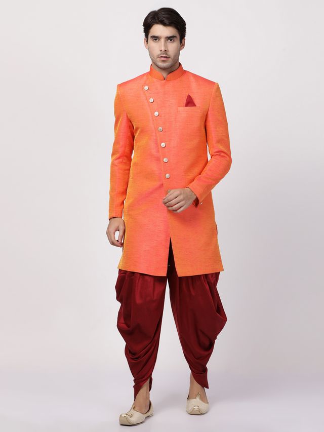 Men's Orange Silk Blend Straight Sherwani Set